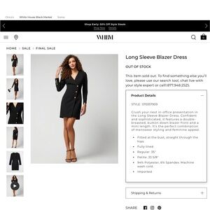 WHBM Black Blazer Coat Dress with Gold Buttons